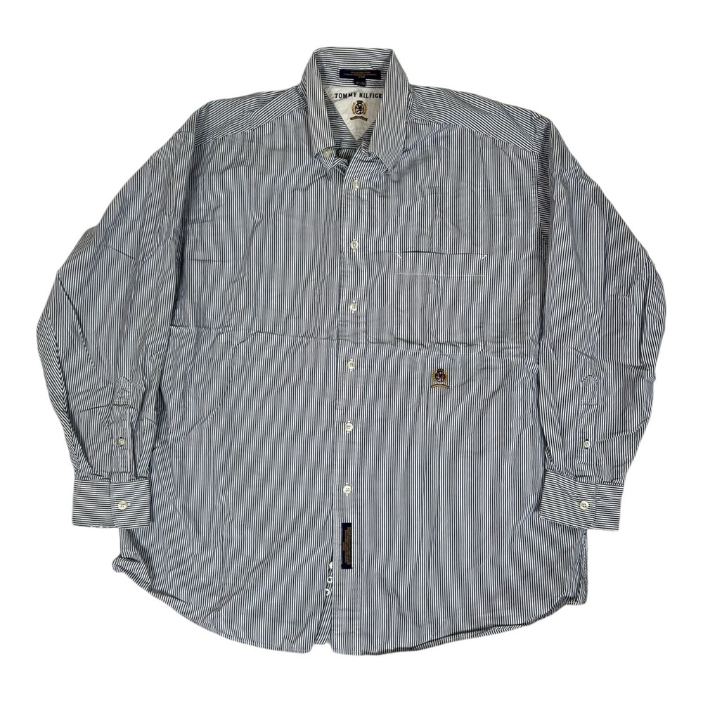 Vintage Tommy Hilfiger Button Up Long Sleeve Shirt Size L Crest Blue Striped